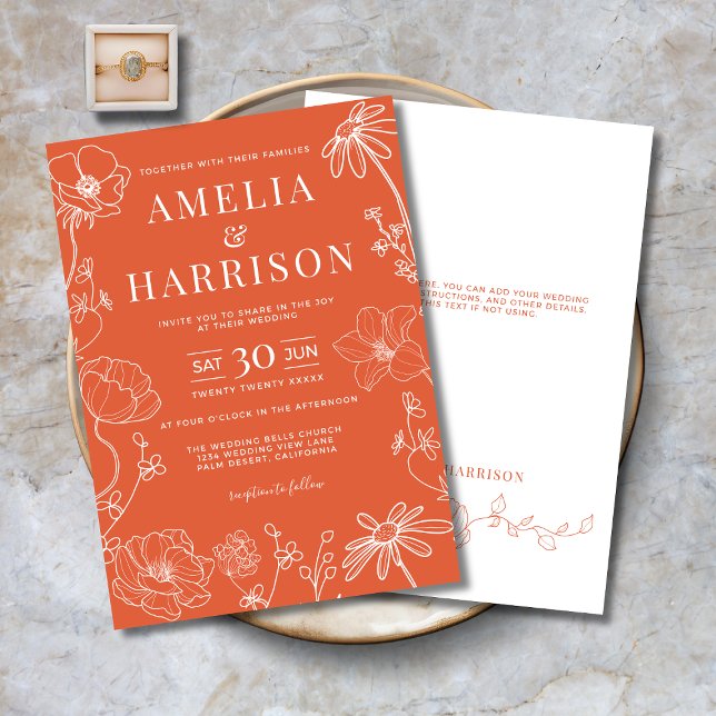 Convites Verona Sunset Orange Floral Art Weding (Verona Sunset Orange Floral Line Art Wedding Invitation with Optional Text on Back.)