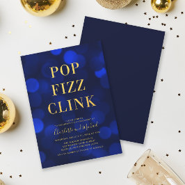 Convites Versatile Blue Bokeh, Dourado Pop Fizz Clink Party