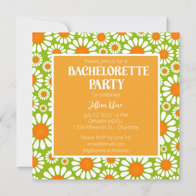 Convites Vertical Orange Retro Daisy Bachelorette Itinerary (Frente)