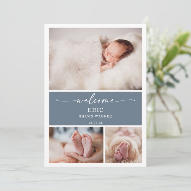 Convites  Vertical Slate Blue Photo Baby Announcement Card (Em pé/Frente)