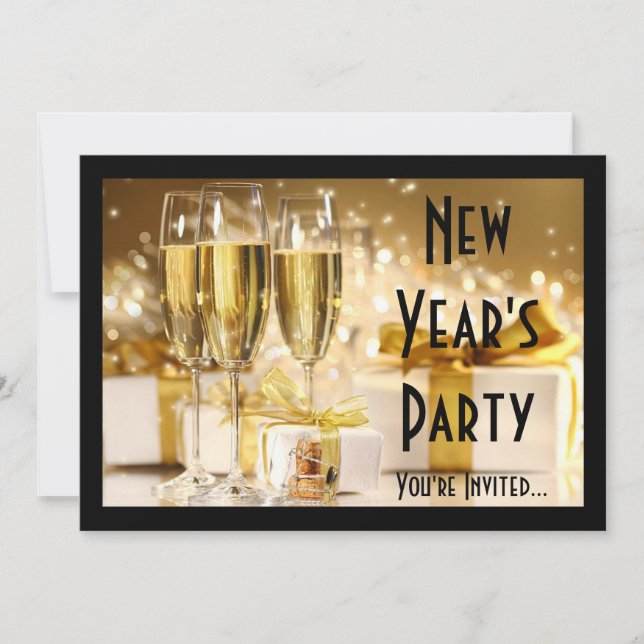 Convites Véspera de Ano Novo do Champanhe ouro (Frente)