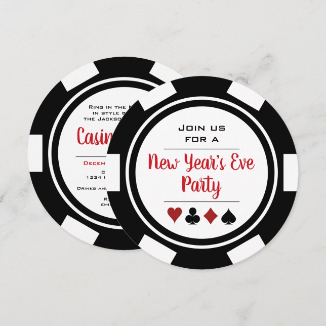 Convites Véspera de Ano Novo do Chip Casino, Pôquer Branco  (Frente/Verso)