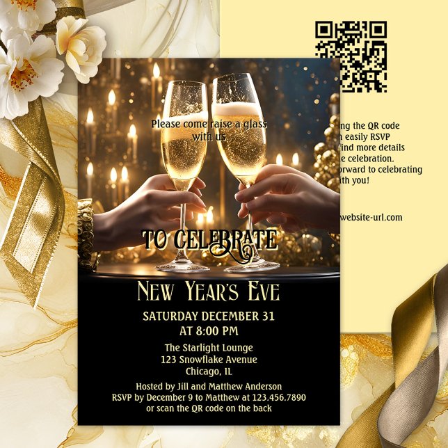 Convites Véspera de Ano Novo do Espumante Dourado Chic Blac (Festive chic gold and black New Year's Eve party invitation featuring a toast with sparkling wine)