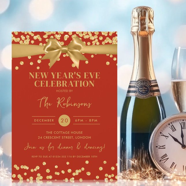 Convites Véspera de ano novo Dourada Glitter Confetti e Arc (New Years Eve Gold Glitter Confetti & Bow Red Invitation)