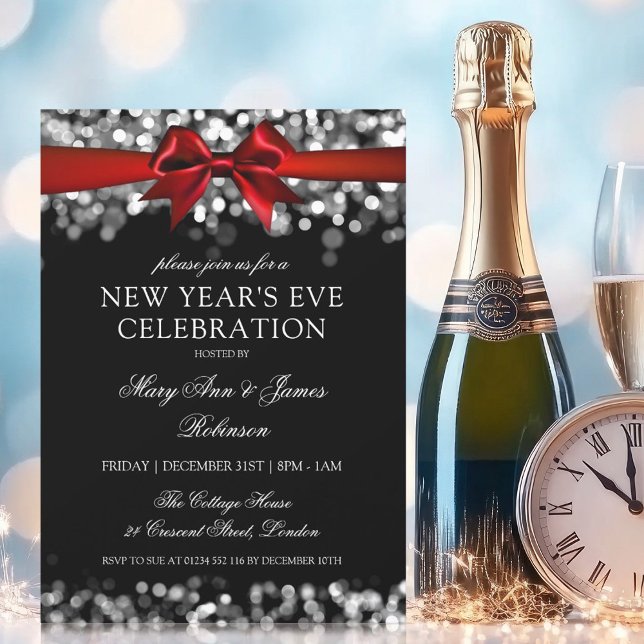 Convites Véspera de ano novo Elegante Arco das Luzes de Shi (Elegant New Years Eve Silver Shimmering Lights Bow Invitation)