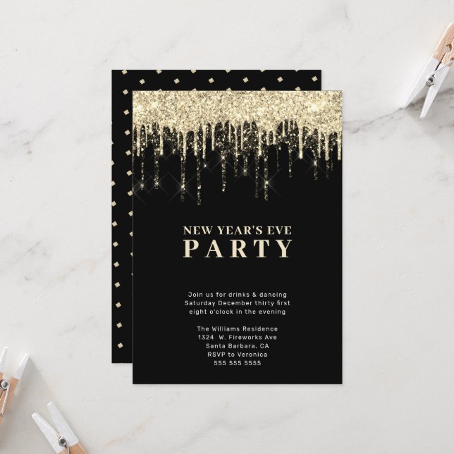 Convites véspera de ano novo Elegante Black Dourado Glitter (Frente/Verso In Situ)