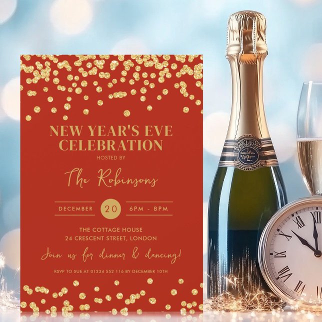 Convites Véspera de ano novo Glitter Confetti Red do Partid (New Years Eve Party Gold Glitter Confetti Red Invitation)