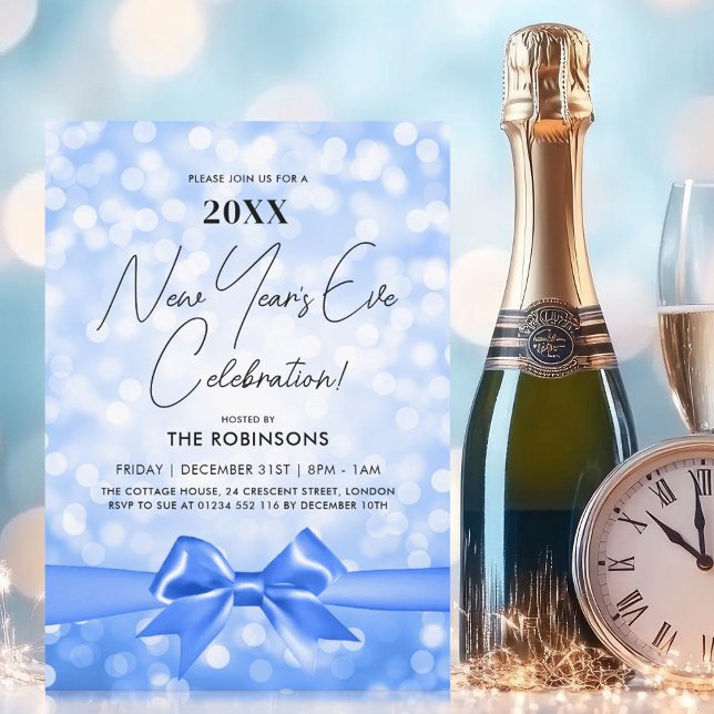 Convites VÉSPERA DE ANO NOVO MODERNA - Arco Azul (MODERN New Years Eve Party Blue Bokeh Bow Invitation)