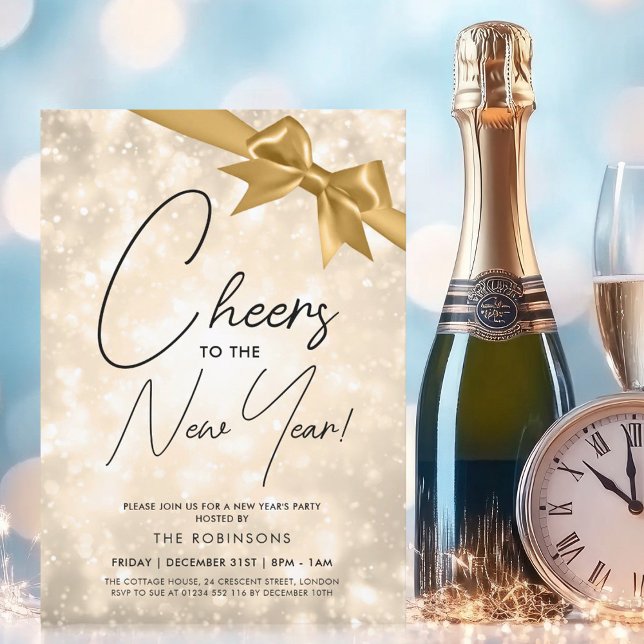 Convites VÉSPERA DE ANO NOVO MODERNA Dourada Champagne Boke (MODERN New Years Eve Gold Champagne Bokeh Gold Bow Invitation)