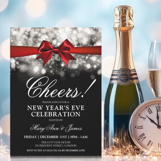 Convites Véspera de ano novo Parte Prateado Luz Arco Vermel (New Years Eve Party Silver Sparkle Lights Red Bow Invitation)