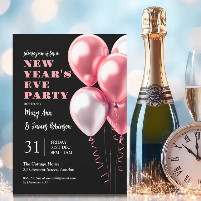 Convites Véspera de ano novo Party Blush Pink Balloons Pret (New Years Eve Party Blush Pink Balloons Black Invitation)