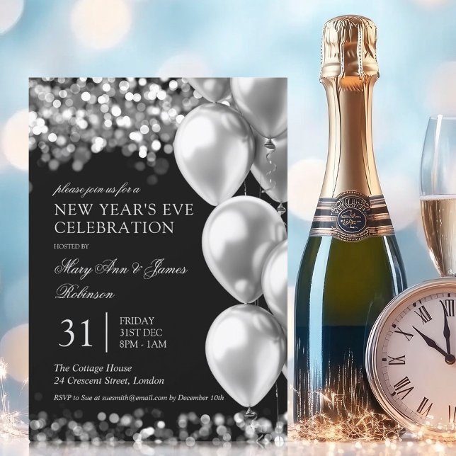 Convites Véspera de ano novo Party Silver Shimmer Luzes Bal (New Years Eve Party Silver Shimmer Lights Balloons Invitation)