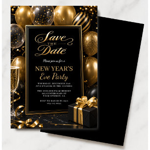 Convites Véspera de Ano Novo Salve a Data Preto Ouro
