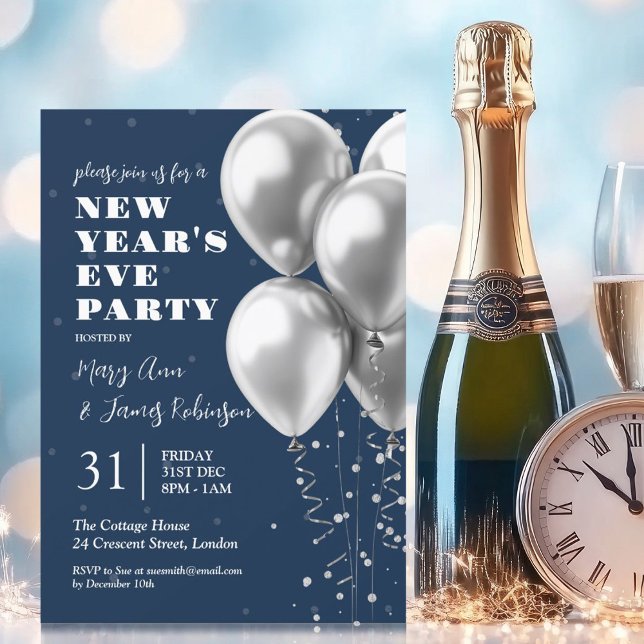 Convites Véspera de ano novo Silver Confetti Balões Marinho (New Years Eve Silver Confetti Balloons Navy Blue Invitation)