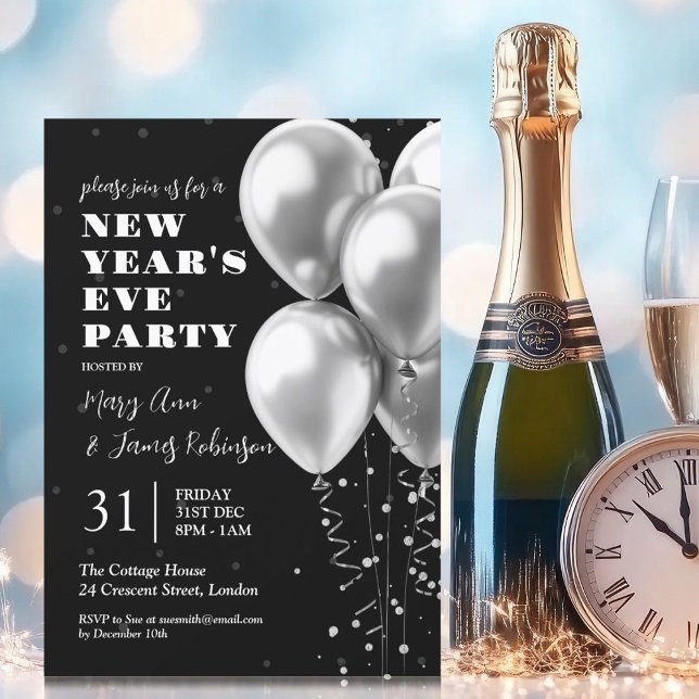 Convites Véspera de ano novo Silver Confetti Balões Pretos (New Years Eve Silver Confetti Balloons Black Invitation)
