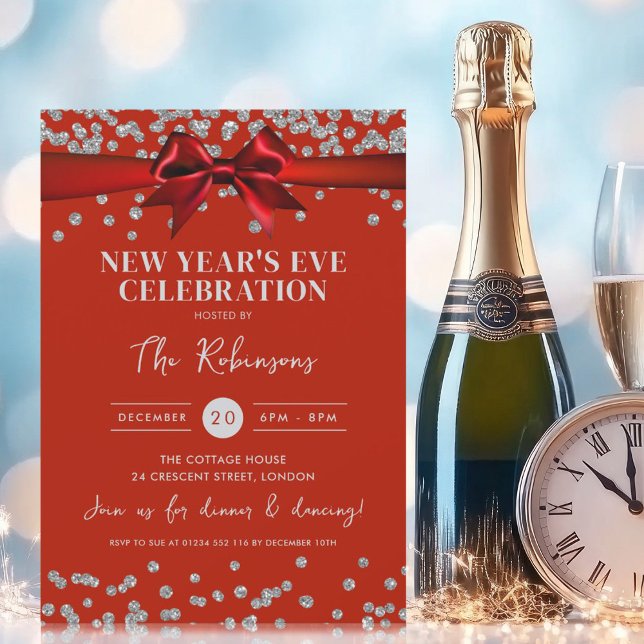 Convites Véspera de ano novo Silver Glitter Confetti Arco V (New Years Eve Silver Glitter Confetti Red Bow Invitation)