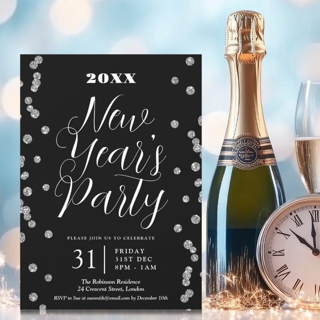 Convites Véspera de ano novo Silver Glitter Confetti Preto (New Years Eve Silver Glitter Confetti Black Invitation)