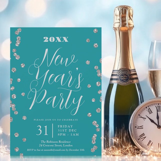Convites Véspera de ano novo Silver Glitter Confetti Turquo (New Years Eve Silver Glitter Confetti Turquoise Invitation)