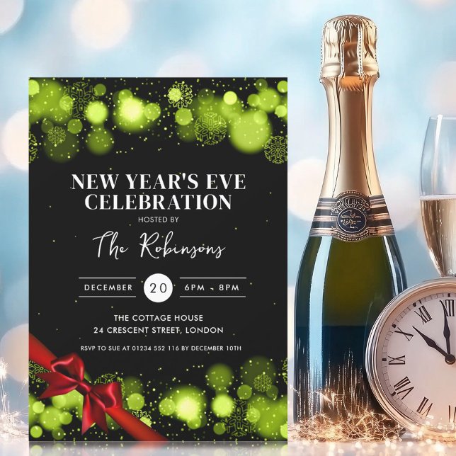 Convites Véspera de ano novo Verde Arco Vermelho Maravilha  (New Years Eve Green Black Winter Wonder Red Bow Invitation)