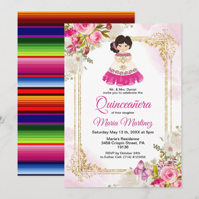 Convites Vestida Branca e Rosa Menina Mexicana Quinceanera  (Frente/Verso)