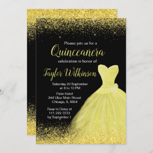 Convites Vestido Amarelo Brilhante Faux Glitter Quinceanera