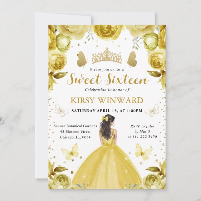 Convites Vestido Amarelo Princesa Morena Sweet 16 (Frente)