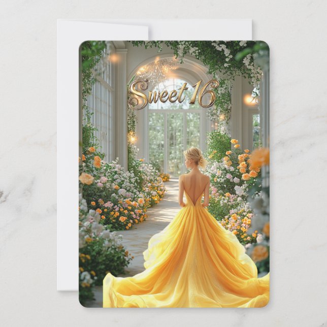 Convites Vestido Amarelo Sweet 16 Lindas Flores Local (Frente)