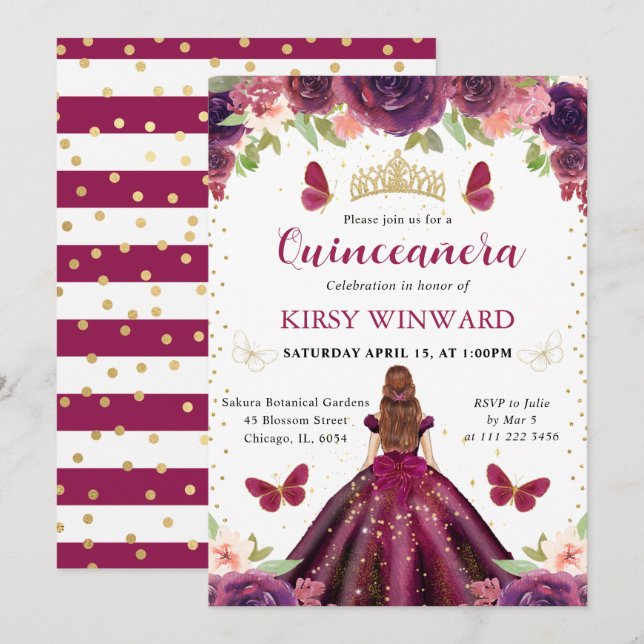Convites Vestido Ameixa Princesa Ruiva Quinceanera (Frente/Verso)