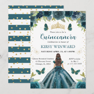 Convites Vestido Aqua Escuro Brunette Princesa Quinceanera