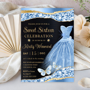 Convites Vestido Aquarela Azul e Dourado com Lantejoulas Sw