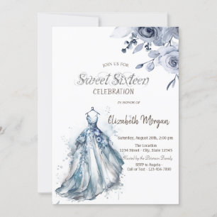 Convites Vestido azul aquarela Rosas azuis Sweet 16