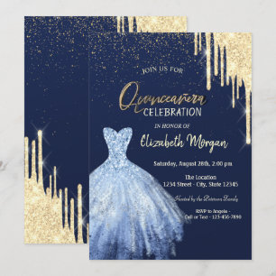 Convites Vestido Azul Brilho Dourado Drip Quinceañera