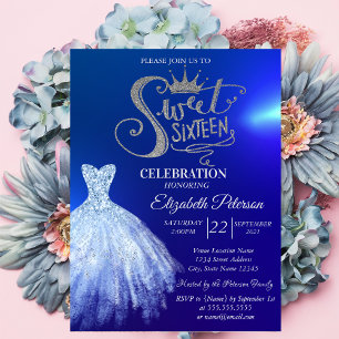 Convites Vestido Azul Chic, Diamantes Azul Sweet 16