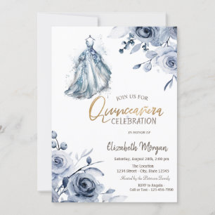 Convites Vestido Azul Chic Rosas Azuis Quinceañera