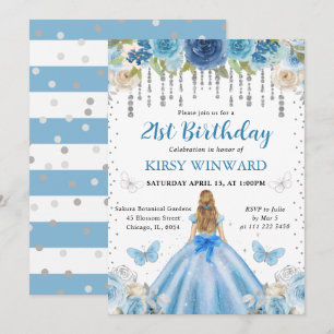 Convites Vestido Azul Claro Cabelo Loiro Princesa Aniversár
