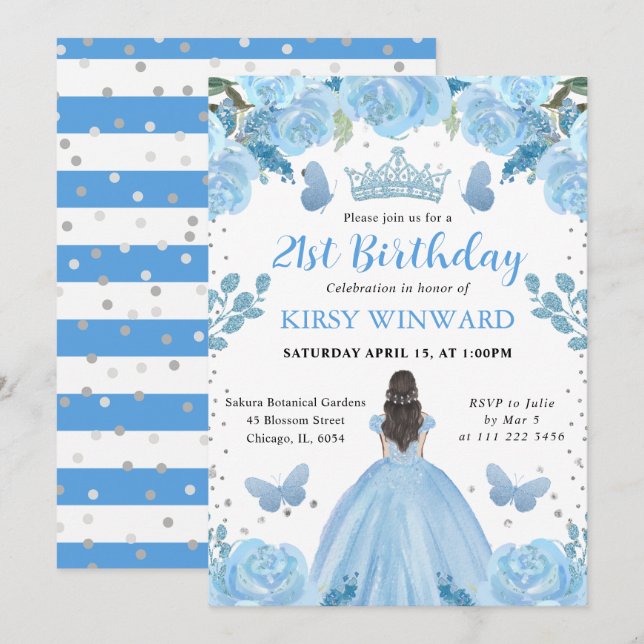 Convites Vestido Azul Claro Princesa Morena Aniversário (Frente/Verso)