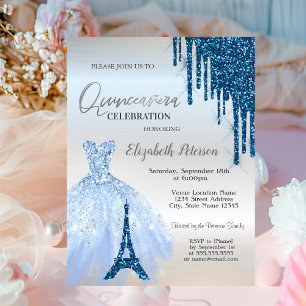 Convites Vestido Azul com Brilho, Eiffel Torre Quinceañera