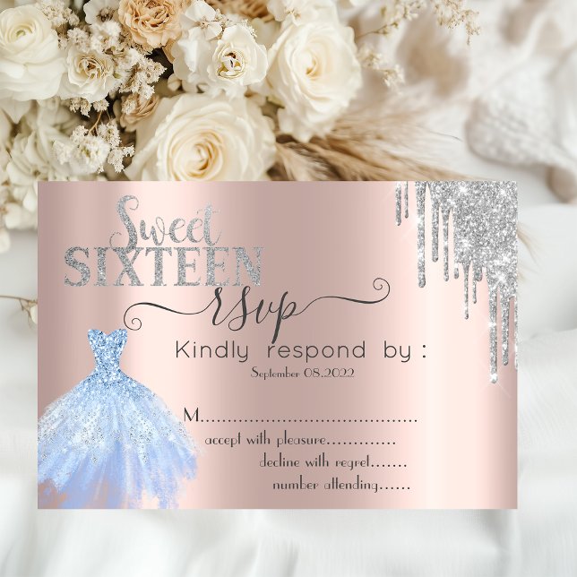 Convites Vestido Azul com Gotejamento de Brilho Prata Sweet (Criador carregado)