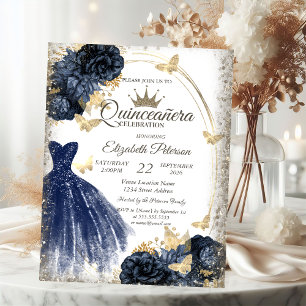 Convites Vestido Azul com Lantejoulas, Rosas, Borboletas Qu