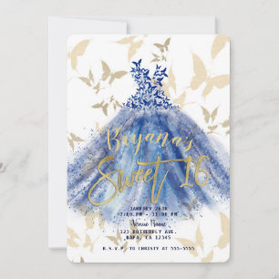 Convites Vestido Azul Dança Borboleta Dourado Doze Anos