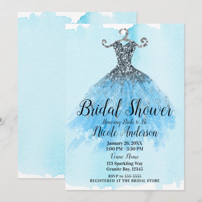 Convites Vestido Azul e Prata com Lantejoulas Bridal Shower (Frente/Verso)