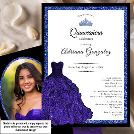 Convites Vestido Azul e Tiara Foto Personalizada Quinceaner