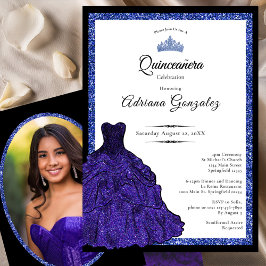 Convites Vestido Azul e Tiara Foto Personalizada Quinceaner
