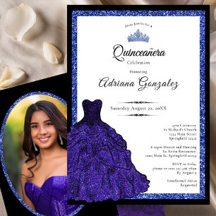 Convites Vestido Azul e Tiara Foto Personalizada Quinceaner