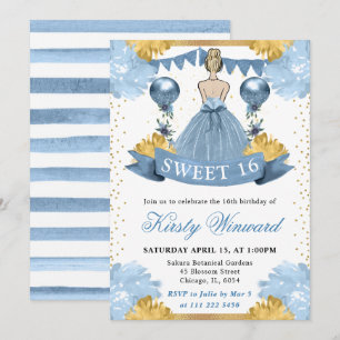 Convites Vestido Azul Empoeirado Loira Princesa Sweet 16