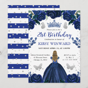 Convites Vestido Azul Escuro Princesa Loira Aniversário