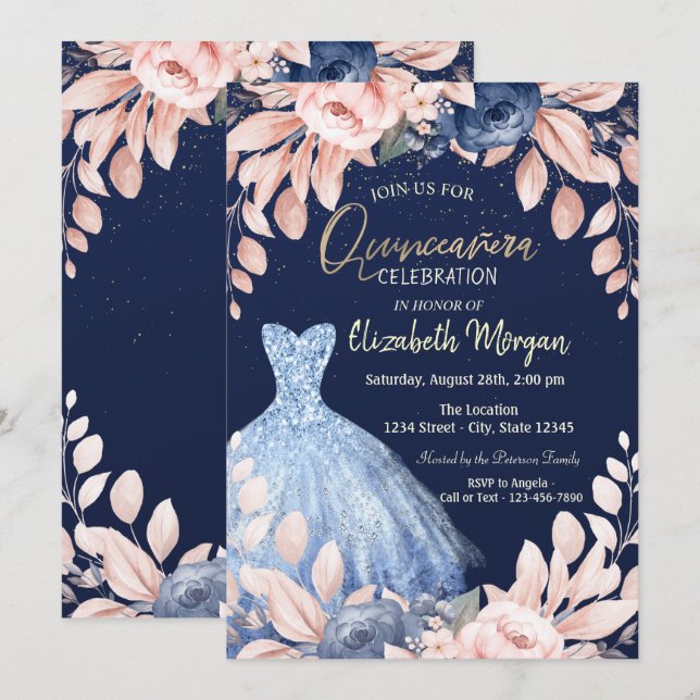 Convites Vestido Azul Floral Quinceañera   (Frente/Verso)