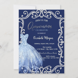Convites Vestido Azul Glitter Frame Blue Quinceañera 