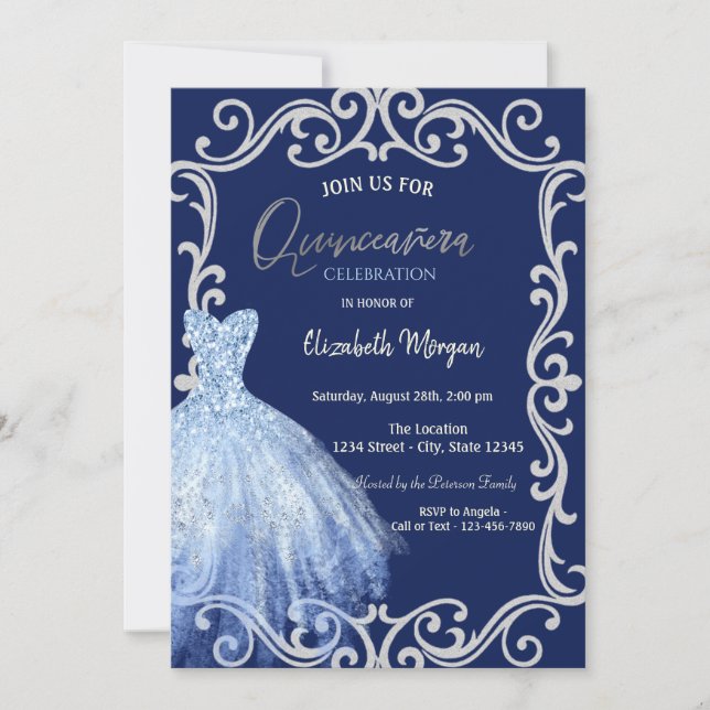 Convites Vestido Azul Glitter Frame Blue Quinceañera  (Frente)