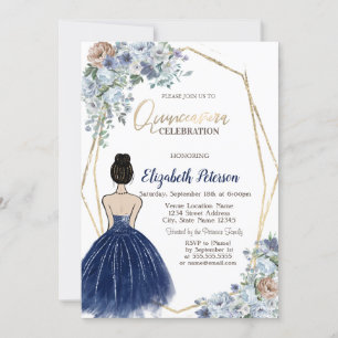 Convites Vestido Azul Marinho com Lantejoulas, Quinceanera 